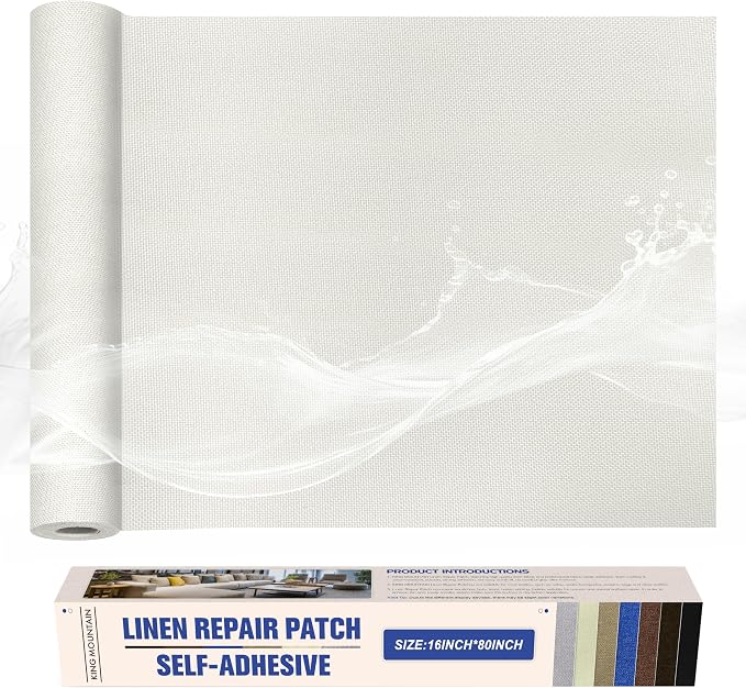 KING MOUNTAIN Linen Repair Patches, Self-Adhesive Fabric Patches, 16X80 inch Extra Size, Multi Color, Can be Used for Sofa and Linen Fabric Repair (White)