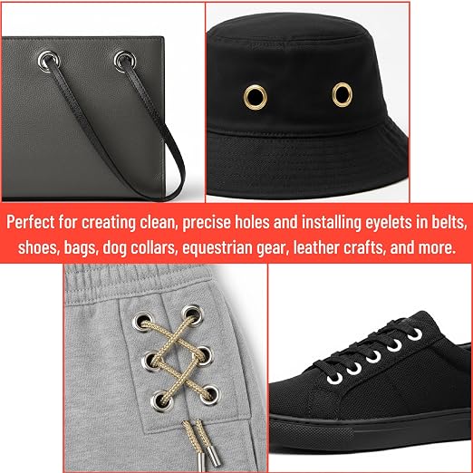 UNCO- Leather Hole Punch Tool Set, Red Handle, Multi Punch Sizes, Belt Hole Puncher for Leather, Belts, Straps, Pet Collars, Shoes, Saddles, Canvas & DIY Crafts, with Grommet Eyelet Kit 100 Set