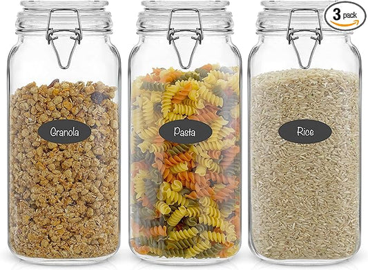 JoyJolt Airtight Glass Jars with Lids Set of 3. 78oz Glass Jar with Lid and 6 Silicone Seals! Large Glass Food Storage Containers. Square Mason Jar, Candy Jar, Flour Jar, Pasta Containers for Pantry