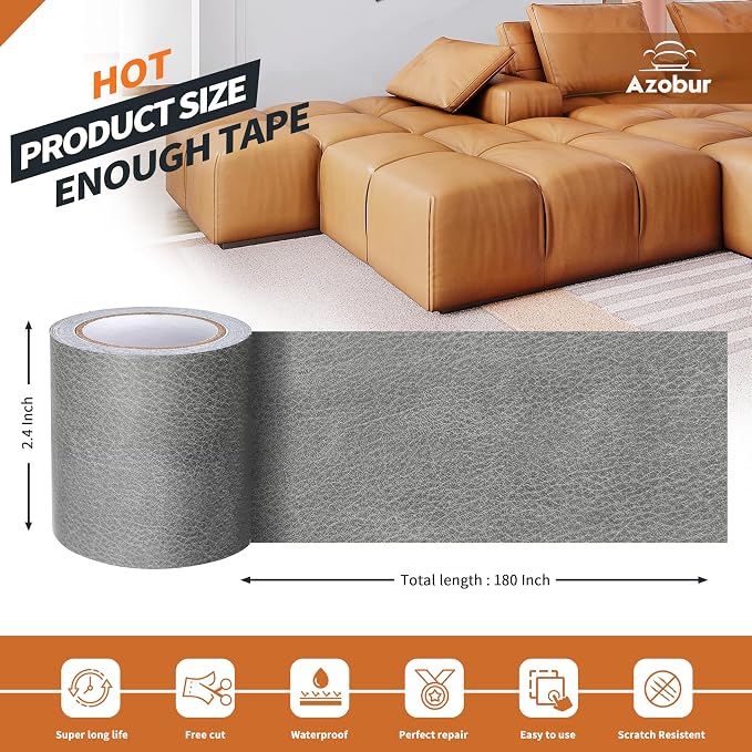 Azbour Leather Repair Tape Patch, 2.4''x15' Super Adhesive, Self-Adhesive Leather Patch for Restoration and Refurbishment of Sofas, Car Seats, Furniture, Vinyl Furniture, Chairs.（Gray）
