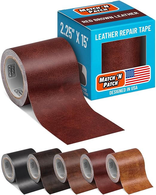 MATCH 'N PATCH Red Brown Leather Repair Tape, 2.25" x 15' for Furniture | Realistic Faux Leather Patches for Couch, Sofa, Upholstery, Car Seat & Other Furniture, Vinyl Repair Kit, Self Adhesive Patch