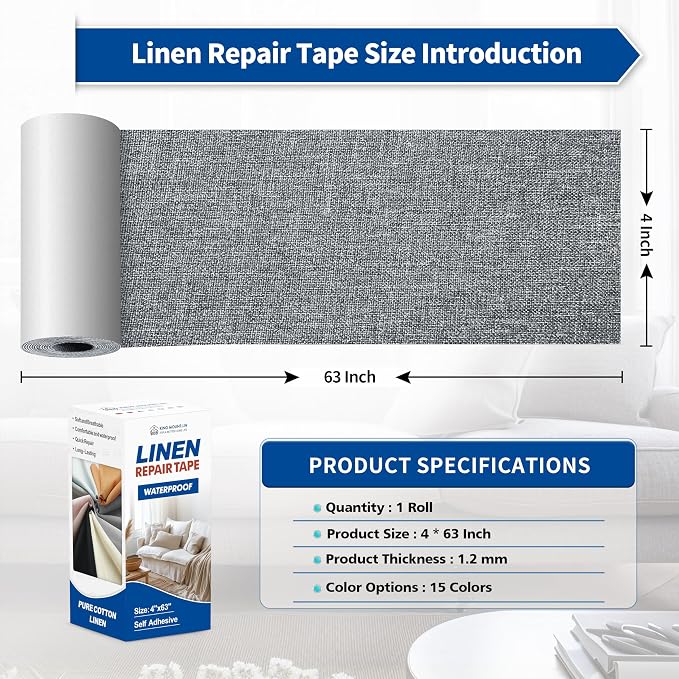 KING MOUNTAIN Linen Repair Patches, Self-Adhesive Fabric Patches, 4 X 63 inch Extra Size, Multi Color, Can be Used for Sofa Repair (Grey)