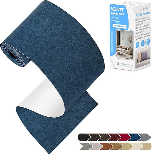KING MOUNTAIN Couch Fabric Repair Patch, Fabric Patches for Furniture, 4" x 63" Waterproof Velvet Repair Tape for Sofas, Car Seats, Furniture, Upholstery Fabrics and Velvet Goods. （Dark Blue）