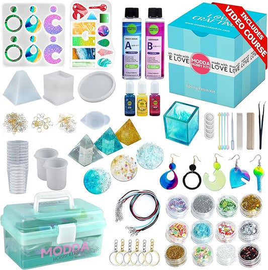 MODDA Epoxy Resin Kit with Video Course, Includes Color Pigment, Silicone molds, Necklace Cord, Earring Hooks for Jewelry Making, Epoxy Resin Starter Kit for Beginners, Adults,Complete Craft Set