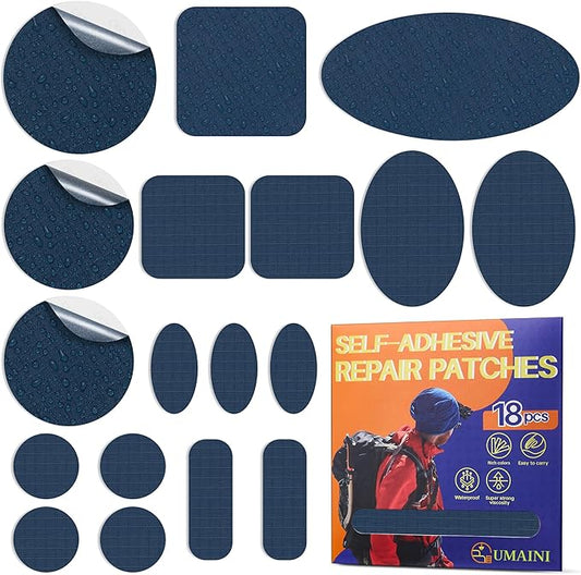 Down Jacket Repair Patch Kit, Outdoor Gear Tenacious Repair Tape, Self Adhesive Fabric Patches for Clothes, Waterproof Ripstop Nylon Fabric Patch for Puffer Jacket, Coat, Tent (18 Pcs, Dark Blue)