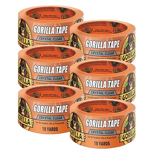 Gorilla Crystal Clear Tape, 1.88” x 18 yd (Pack of 6) - Weather Resistant for Indoor or Outdoor Projects and Repairs