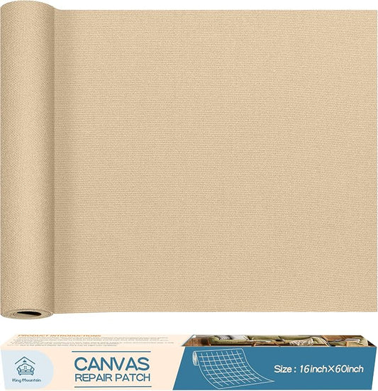 KING MOUNTAIN Canvas Repair Patch 16×60 Inch Self-Adhesive Waterproof Fabric Patch for Sofas, Tents, Furniture,Tote Bags, Car Seats (Khaki)