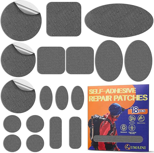 Down Jacket Repair Patch Kit, Outdoor Gear Tenacious Repair Tape, Self Adhesive Fabric Patches for Clothes, Waterproof Ripstop Nylon Fabric Patch for Puffer Jacket, Coat, Tent (18 Pcs, Black Gray)