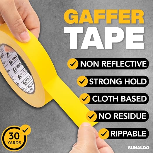 Gaffers Tape Heavy Duty, Easy to Rip, Residue-Free Professional Grade Floor Tape for Electrical Cords, Matte Finish Non Reflective, Weather Resistant (1, Yellow, 1" x 30 Yards)
