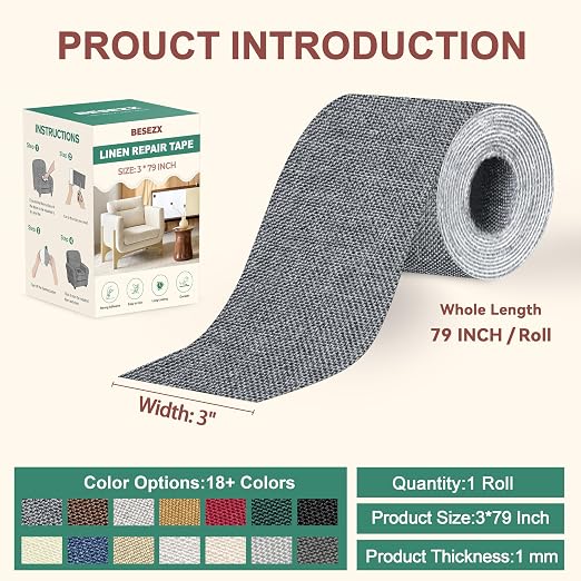 BESEZX Linen Fabric Repair Tape, 3x79 Inch Self Adhesive Repair Patches, Couch Fabric Tape for Furniture, Sofa, Chair, Upholstery.(Charcoal Gray)