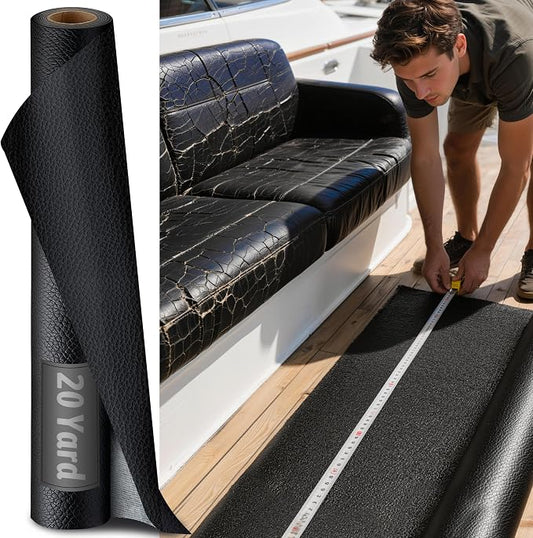 Meneng Marine Vinyl Faux Leather: 20-Yard Roll UV-Resistant PU Leather for Yacht Interiors - Heavy-Duty Black Vinyl by The Roll for Furniture Repair & Auto Interior Projects