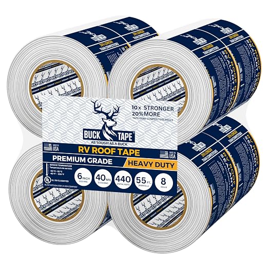 8 Pack Buck RV Roof Sealant Tape – 6 Inch x 55ft, 40 Mil – Waterproof RV Tape for Roof Repair, Seams, Skylights, Vents & Window Leaks on Camper, Trailer & Boat, UV Resistant & Weatherproof, White