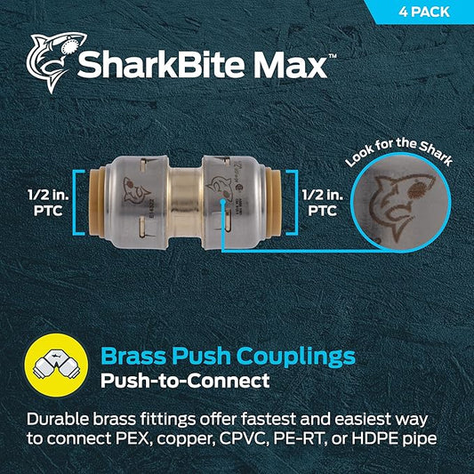 SharkBite Max 1/2 Inch Coupling, Pack of 4, Push to Connect Brass Plumbing Fitting, PEX Pipe, Copper, CPVC, PE-RT, HDPE, UR008A4