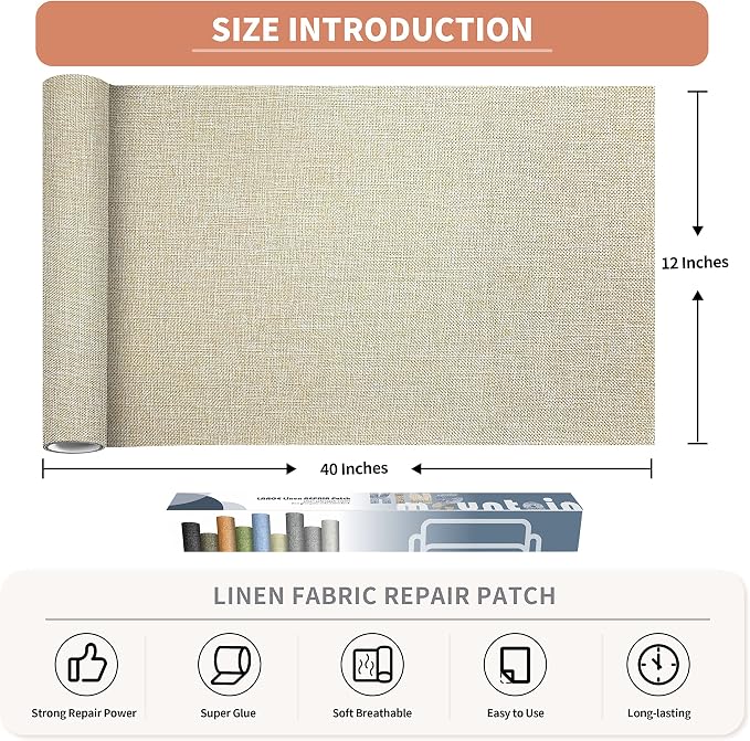 Coarse Linen Repair Patches, Self-Adhesive Linen Fabric Patches, 12X40 inch Extra Size, Multi Color, Can be Used for Linen Sofa Repair (12" x 40",Beige 1.0)