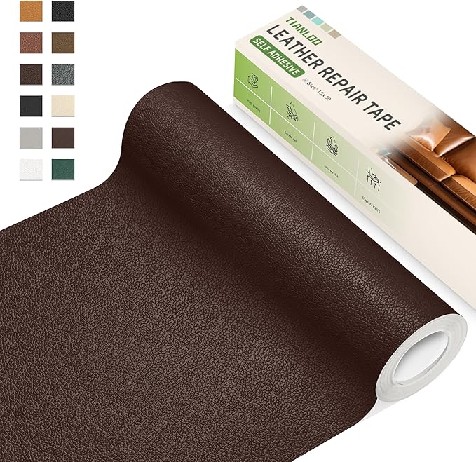 TIANLDD Leather Repair Tape,16 x 160 Inches Self Adhesive Leather Repair Patch，Leather Repair Kit for Furniture，Couches,Car Seats,Cabinets,Handbags(Dark Brown-Litchi Grain)