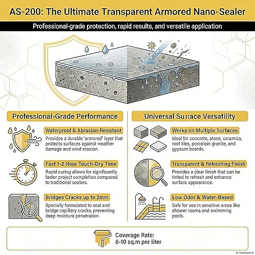 Nano Surface Sealer AS-200 – Transparent Waterproof & Abrasion-Resistant Nano Coating for Terraces, Tiled Roofs, Bathtubs, Stone & Concrete - Breathable, Invisible, Professional-Grade (33.8 fl.oz)
