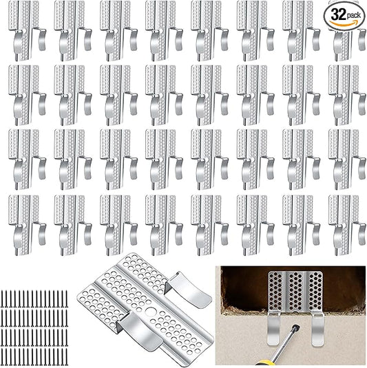 moonoom 32 Pack Drywall Repair Clips, 1/2 inch Drywall Fastener Clip with 64 Screws, Stainless Steel Wall Patch Clips for Damaged Walls Repairing