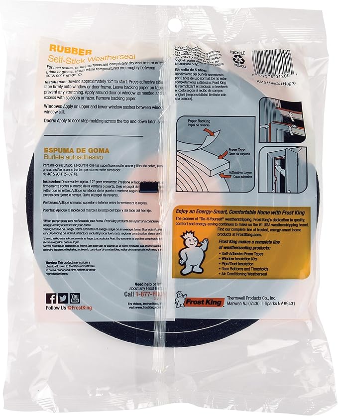Frost King R516H 1-1/4-Inch by 7/16-Inch by 10-Foot Thick Sponge Rubber Foam Tape, Black