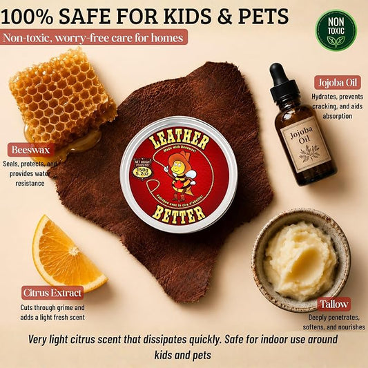 Leather Better All Natural Leather Furniture Cleaner and Conditioner, 40.2 oz - Beeswax, Tallow & Jojoba Oil/Conditions, Softens & Restores Leather Sofas, Boots, Car Seats, Saddles & Bags | Deeply conditions for 3+ months, Eco-Friendly Recyclable Tin, ...