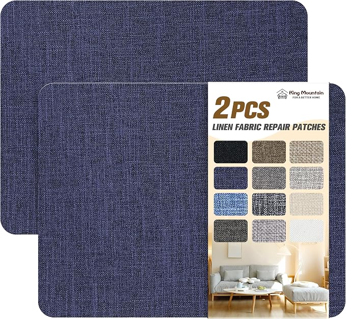 KING MOUNTAIN Fine Linen Fabric Patches, Self-Adhesive, 8x11 inch, Multi Color, For Linen Sofa and Clothes Repair (2PCS, Dark Blue)