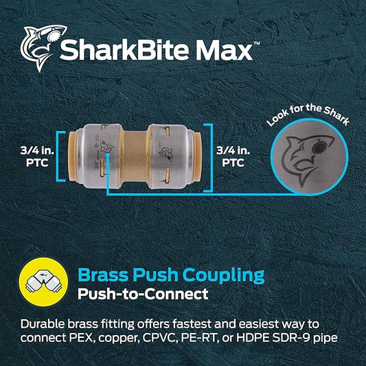SharkBite Max 3/4 Inch Coupling, Push to Connect Brass Plumbing Fitting, PEX Pipe, Copper, CPVC, PE-RT, HDPE, UR016A