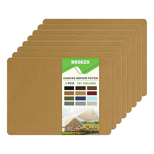 Besezx Canvas Repair Patch,Outdoor Gear Patch,7.87x5.9 Inches 8PCS,Waterproof Self-Adhesive Fabric Repair Tape for Repairing Boat Covers,Sun Shades,Sofas,Tents,Lounge Chairs,Awnings (Flaxen)