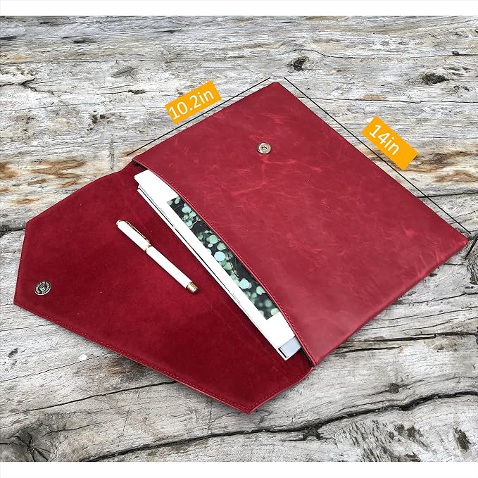 Vintage Leather 13.5" Business Clutch Envelope Bag Documents Certificate Laptop Sleeve Case Office File Folder (Rose red)