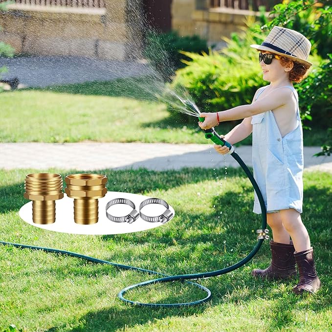 4 Set 3/4 Inch Solid Brass Garden Hose Connector Hose Mender, Water Hose Repair Kit Female and Male Hose Connector with Tape, Stainless Steel Clamp and Rubber Gasket