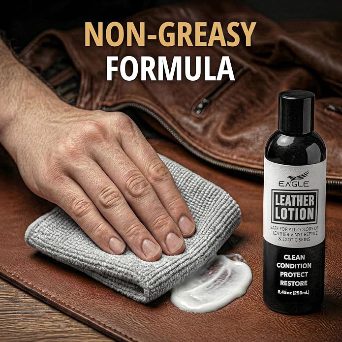 Eagle Leather Jacket Conditioner- Leather Lotion with Cloth for Boots, Jackets, Purses, Handbags & Bags – Lanolin & Natural Oils to Clean, Condition, Restore & Protect All Leather Colors