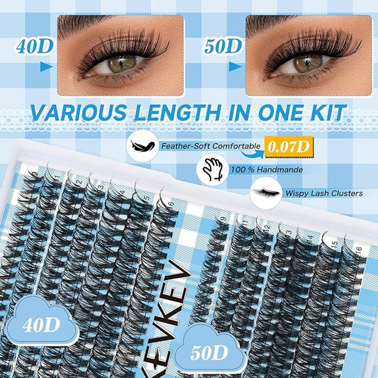 KEVKEV Lash Clusters Volume Eyelash Clusters 9-16mm Thick Individual Lashes 280pcs D Curly Cluster Eyelash Extensions Soft DIY Lash Extension At Home(0.07D，40D+50D)