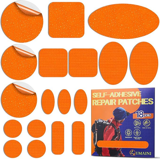 Down Jacket Repair Patch Kit, Outdoor Gear Tenacious Repair Tape, Self Adhesive Fabric Patches for Clothes, Waterproof Ripstop Nylon Fabric Patch for Puffer Jacket, Coat, Tent (18 Pcs, Orange)