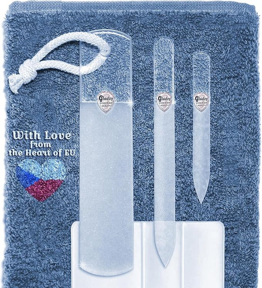 GLADZY Glass Nail File Set - Czech Crystal Manicure Tools for Natural Nails, Glass Foot File Callus Remover, Professional Manicure & Pedicure Foot Spa Kit for Fingernails & Toenails, Made in EU