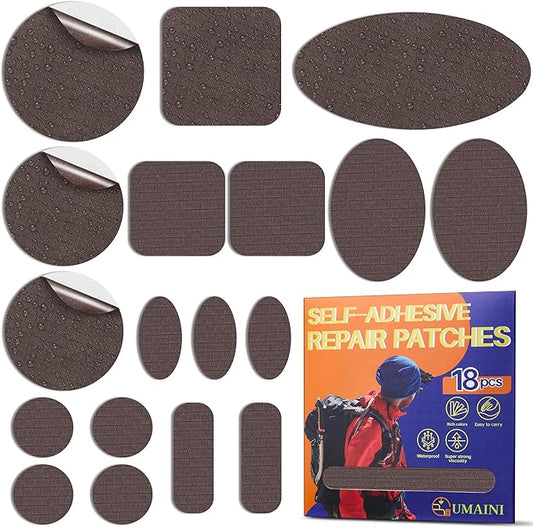 Down Jacket Repair Patch Kit, Outdoor Gear Tenacious Repair Tape, Self Adhesive Fabric Patches for Clothes, Waterproof Ripstop Nylon Fabric Patch for Puffer Jacket, Coat, Tent (18 Pcs, Brown)