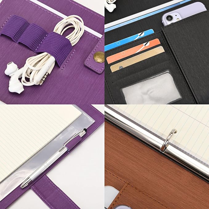 Wonderpool A4 PU Leather Portfolio Holder Ring File Document Case with Removable Binder Clipboard, Multi Pocket and Legal Pad for Business Organizer Interview and Meeting (Black)
