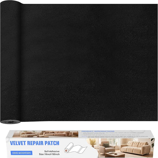 KING MOUNTAIN Couch Fabric Repair Patch, Fabric Patches for Furniture, 16" x 80" Waterproof Velvet Repair Tape for Sofas, Car Seats, Furniture, Upholstery Fabrics and Velvet Goods. （Black）