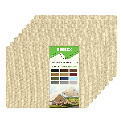 Besezx Canvas Repair Patch,Outdoor Gear Patch, 7.87x5.9 Inches 8PCS,Waterproof Self-Adhesive Fabric Repair Tape for Repairing Boat Covers,Sun Shades,Sofas,Tents,Lounge Chairs,Awnings (Khaki)