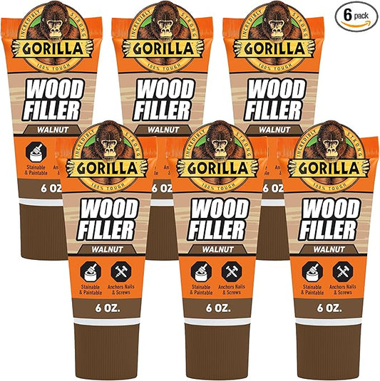 Gorilla All Purpose Wood Filler, Walnut Color, 6 Ounce Tube (Pack of 6) - Water Resistant for Indoor or Outdoor Projects and Repairs