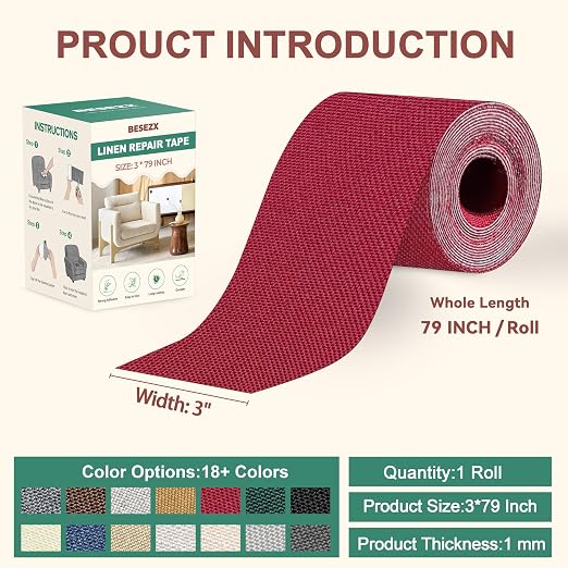 BESEZX Linen Fabric Repair Tape, 3x79 Inch Self Adhesive Repair Patches, Couch Fabric Tape for Furniture, Sofa, Chair, Upholstery.(Red)