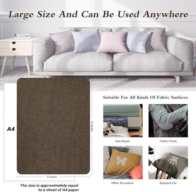 KING MOUNTAIN Fine Linen Repair Patches, Self-Adhesive Linen Fabric Patches, 8X11 inch 2 PCS, Multi Color, Can be Used for Linen Sofa Repair (Dark Brown,8" x 11"-2PCS)