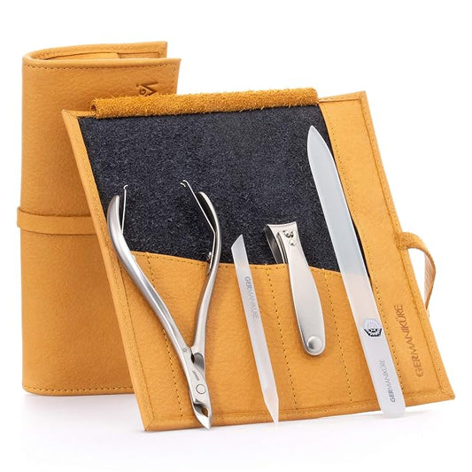GERMANIKURE 4pc Manicure Set in Yellow Leather Case - FINOX Stainless Steel Tools Made in Germany, Glass Nail Care Supplies Made in Czech Republic – Professional Cuticle and Nail Care Kit