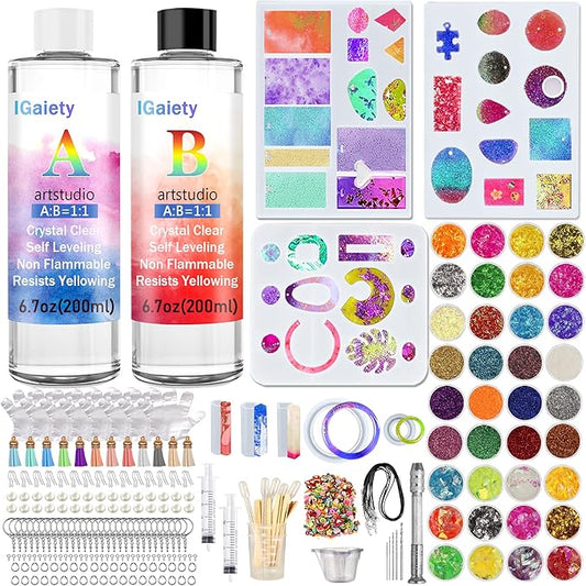 IGaiety Resin Kits for Jewelry Making Silicone Molds Starter Kit 278 Pcs Bundle with Epoxy Resin Silicone Mold Art for DIY Jewelry Earring Keychain Necklace Rings Making Adults Beginners