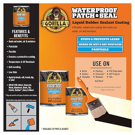 Gorilla Patch & Seal Liquid Rubber Waterproof Sealant, Black, 32 Ounce (Pack of 1) - Seals Out Water, Air, and Moisture