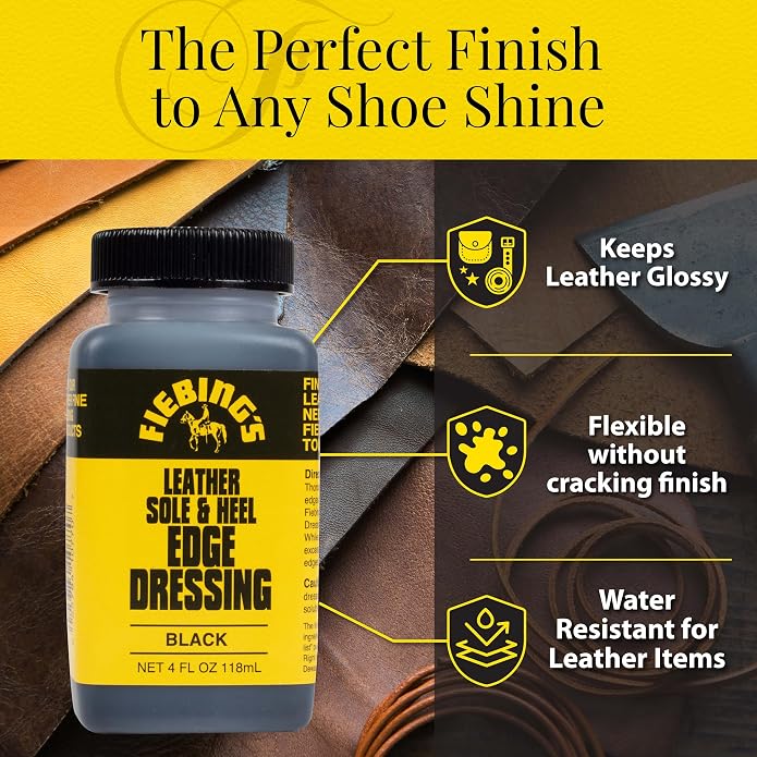 Fiebing's Leather Sole & Heel Edge Dressing (4 oz) - High Gloss, Protective Shoe Dressing Polish - Includes Brush Applicator