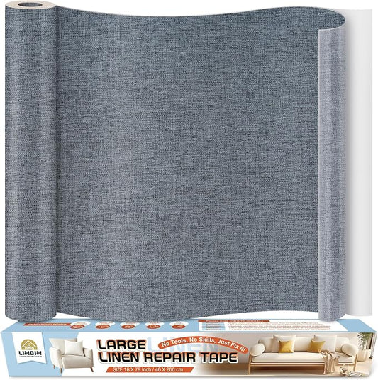 Linen Fabric Repair Tape 16x79 Inch, Self Adhesive Couch Patch Repair Fabric Tape for Furniture, Linen Patch Kit for Couch, Carpet, Upholstery, Chair, Sofa, Cushion, Bag (Medium Grey)