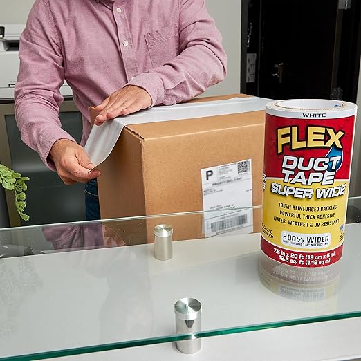 Flex Duct Tape, Super Wide, 7.5 Inches x 20 Feet, White, Heavy Duty Strong, Multi-Surface, Water, Weather and UV Resistant, Tearable, Perfect for Boxes, No Residue