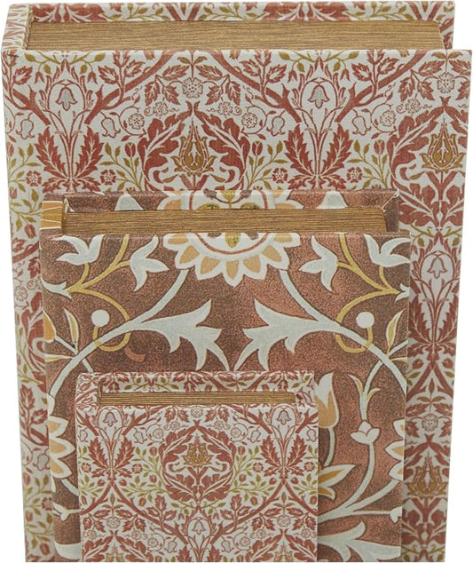 Deco 79 Faux Leather Decorative Box Faux Storage Book Book Shaped Boxes with Cream Floral Patterns, Set of 3 Decorative Keepsake Boxes 12", 9", 6"H, Orange