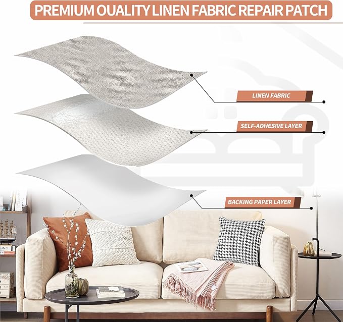 KING MOUNTAIN Fine Linen Repair Patches, Self-Adhesive Linen Fabric Patches, 12X40 inch Extra Size, Multi Color, Can be Used for Linen Sofa Repair and Linen Clothes Repair(Rice Coffee)