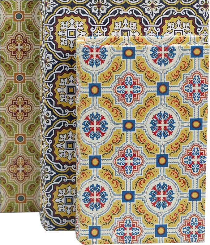 Deco 79 Canvas Decorative Box Storage Book Book Shaped Boxes with Arabesque Pattern and Gold Page Inspired Detail, Set of 3 Decorative Keepsake Boxes 12", 10", 8"H, Multi Colored