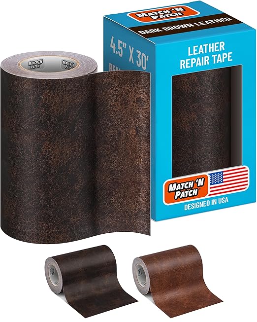 MATCH 'N PATCH Dark Brown Leather Repair Tape, 4.50" x 30' for Furniture | Realistic Faux Leather Patches for Couch, Sofa, Upholstery, Car Seat & Other Furniture, Vinyl Repair Kit, Self Adhesive Patch