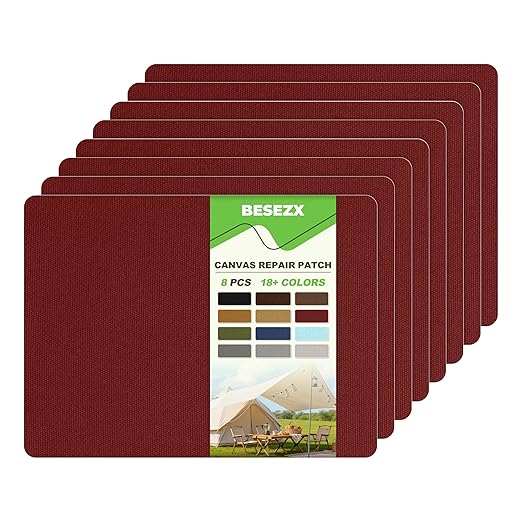 Besezx Canvas Repair Patch,Outdoor Gear Patch, 7.87x5.9 Inches 8PCS,Waterproof Self-Adhesive Fabric Repair Tape for Repairing Boat Covers,Sun Shades,Sofas,Tents,Lounge Chairs,Awnings (Burgundy)